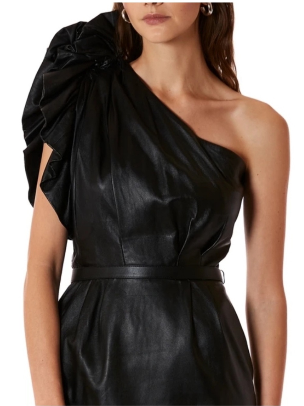Nour Hammour One-Shoulder Black Leather Ruffle Mini Dress Size Fr 36/US Small - Picture 4 of 11